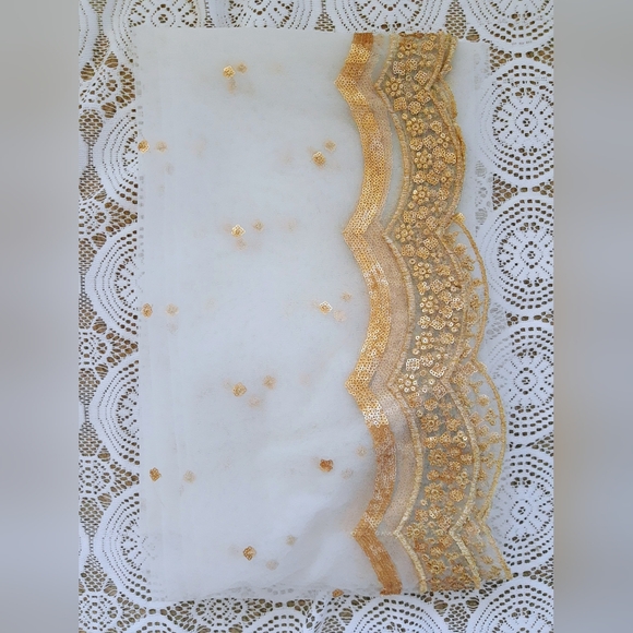Gold net sequence dupatta/ veil/ scarf/ with cut work border - Picture 1 of 1